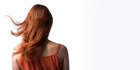Fototapeta premium A beautiful young woman stands with her back against an isolated background, close-up, with free space for any inscription or text. Generative AI