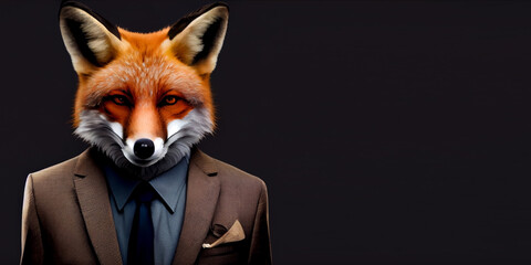 Obraz premium A man with a fox head and in an office suit, on a dark isolated background. Generative AI