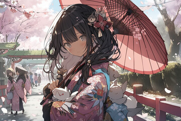 Anime girl in traditional kimono holding japanese umbrella stands on the road to the shrine among the blooming sakura trees, illustration generative AI - obrazy, fototapety, plakaty