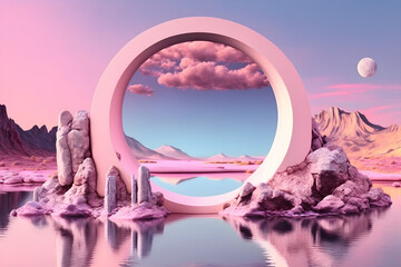 3d render, abstract panoramic background. Fantastic landscape with water, rocks, round mirror, chrome arch, neon ring and clouds on a pink pastel sky. Modern minimal aesthetic wallpaper 
