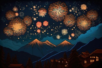 Fireworks lighting up the dark night sky with vibrant colors. Generative AI