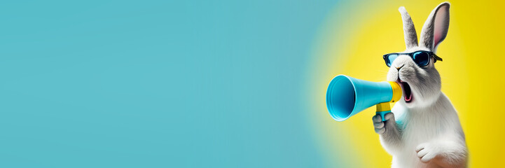 Cool bunny rabbit with loudspeaker megaphone banner