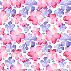 Seamless watercolor flower pattern in pink and purple colors. Elegant design with abstract arrangement of loose flower paintings