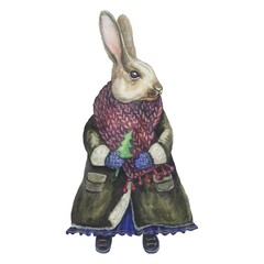 Cuty watercolor illustration with bunny. realistic drawing of a rabbit. cute drawing for kids. decoration for postcards, clip art. Cartoon pets watercolor hare.