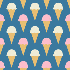 Seamless pattern with ice cream in the cone on blue background
