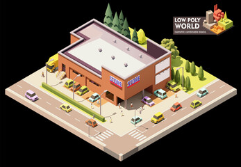 Vector isometric supermarket building. Grocery store building exterior. Big shop with car parking