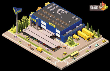 Vector isometric hypermarket building. big-box store building exterior. Department store. Big shop with car parking - 591889855