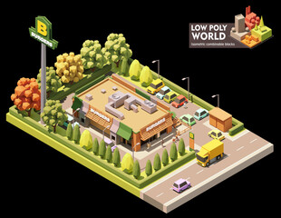 Vector isometric fast food restaurant. Restaurant building with drive thru and outdoor tables