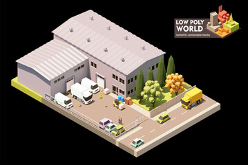 Vector isometric warehouse building. Warehouse building exterior. Industrial facility. Office, loading docks, forklifts and trucks