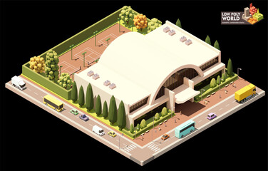 Vector isometric stadium building. Modern sports venue exterior. Sport arena, people and transport on the street. Combinable map elements - 591889897