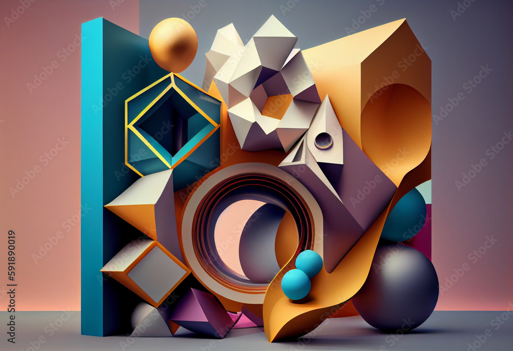 Aufkleber an abstract, surrealist futuristic shapes and circles background. generative ai technology.