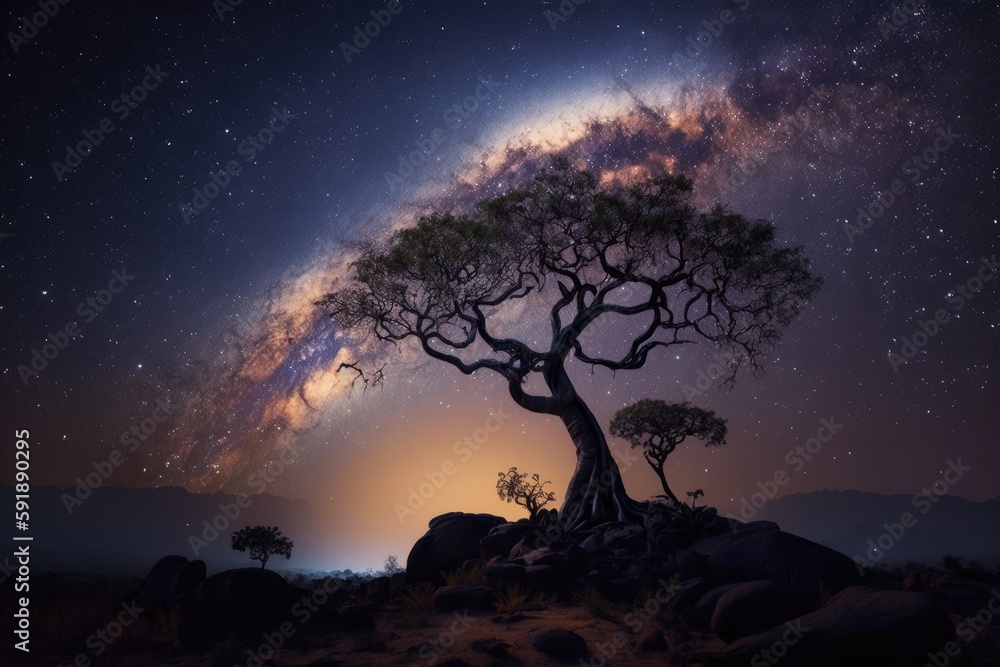 Sticker tall tree with Milky Way galaxy in the background. Generative AI