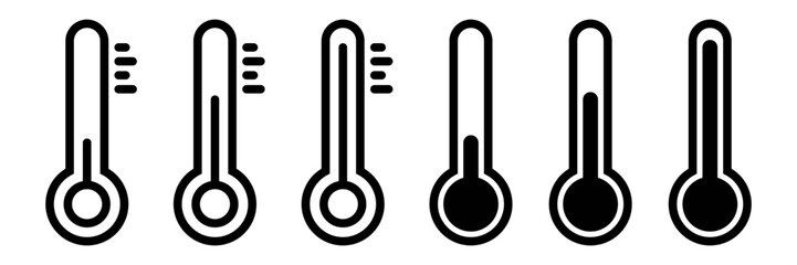 Temperature icon set. Thermometer symbol. Outline temperature symbol. Thermometer icon scale. Black thermometer sign. Stock vector illustration