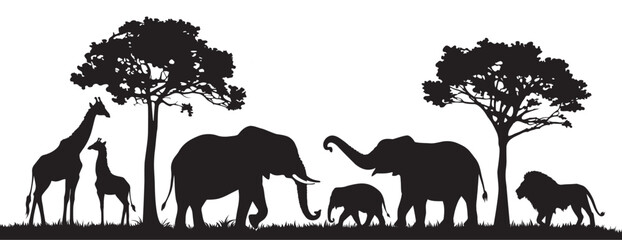Silhouette of animals in the savannah. African landscape scene. Vector horizontal seamless tropical background with elephants, giraffes and lion. Black isolated silhouette - obrazy, fototapety, plakaty