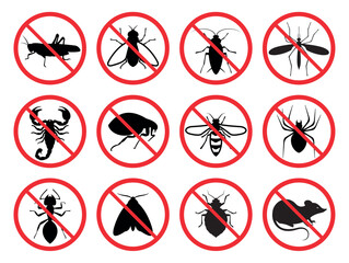 Pest control. Icon set. Insect repellent emblem. Isolated forbidding and warning signs of harmful insects and rodents. Vector illustration - 591890491