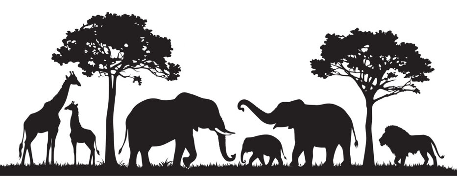 Silhouette of animals in the savannah. African landscape scene. Vector horizontal seamless tropical background with elephants, giraffes and lion. Black isolated silhouette
