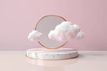 A round podium with a marble base and a cloud on it.generative ai