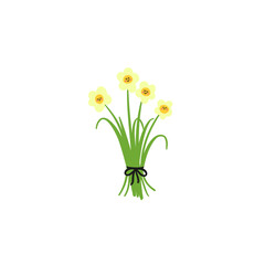 hand drawn illustrated bouquet of flowers. Bunch of smiling happy flowers with bow on a transparent background