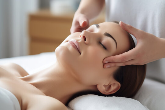An image of a person receiving a facial. Woman lying on a comfortable bed while a facialist works on their skin. Woman have relaxed expression. Generative AI