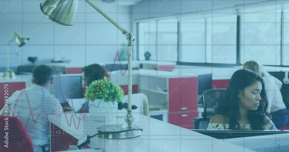 Aufkleber animation of statistical data processing over caucasian man talking on phone at office