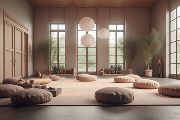 A peaceful image of a meditation room: The image could show a quiet room with people sitting on cushions and meditating. Muted color palette to create a sense of tranquility. Generative AI