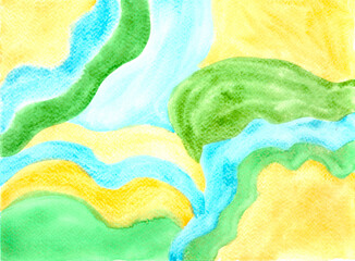 Watercolor abstract green and yellow background with waves