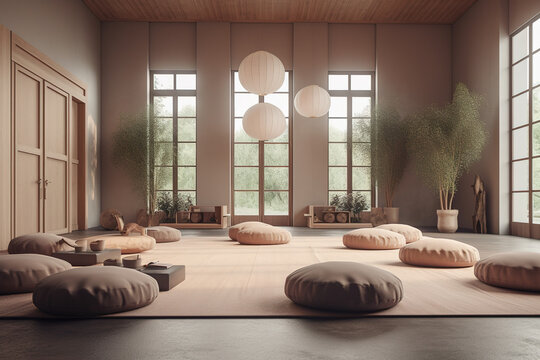 A peaceful image of a meditation room: The image could show a quiet room with people sitting on cushions and meditating. Muted color palette to create a sense of tranquility. Generative AI