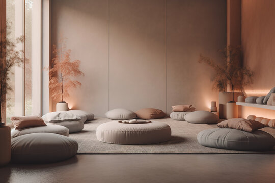 A peaceful image of a meditation room: The image could show a quiet room with people sitting on cushions and meditating. Muted color palette to create a sense of tranquility. Generative AI