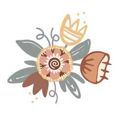 Cute floral design element. Scandinavian style bouquet from doodle flowers. Decoration posy in naive style. © Toltemara