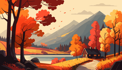 Beautiful autumn mountain landscape. Vector illustration.