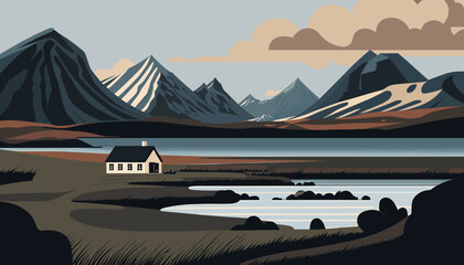 Beautiful landscape of Iceland. Vector illustration. - obrazy, fototapety, plakaty