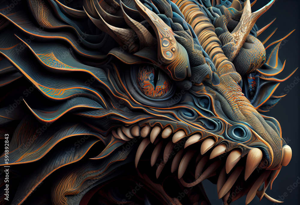 Leinwandbilder A complex, multi-layered pattern of interlocking shapes that resembles a Dragon face. Generative AI technology.	

