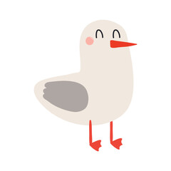 Cute seagull hand drawn character illustration. Cartoon style flat design, isolated vector. Kids summer print, seasonal element, holidays, vacations, beach, marine, aquatic bird, coastal wildlife
