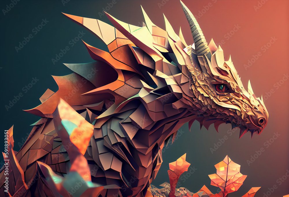 Leinwandbilder A complex, multi-layered pattern of interlocking shapes that resembles a Dragon face. Generative AI technology.	
