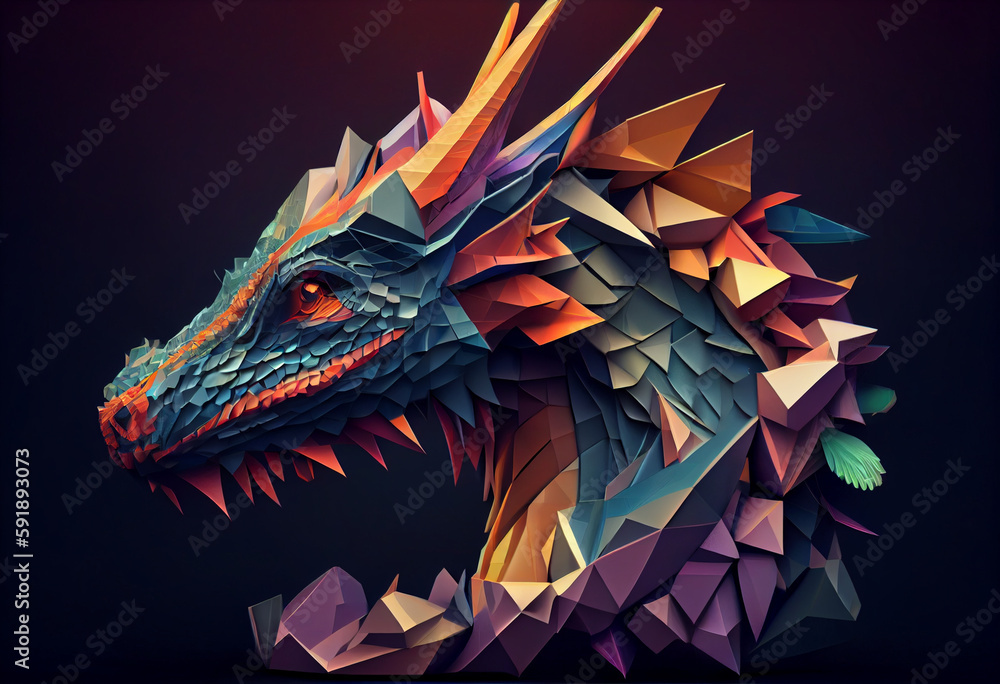 Leinwandbilder A complex, multi-layered pattern of interlocking shapes that resembles a Dragon face. Generative AI technology.	
