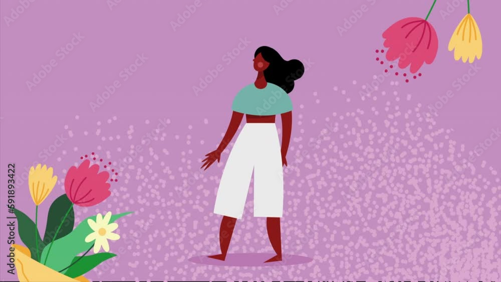 Poster happy young woman with flowers animation