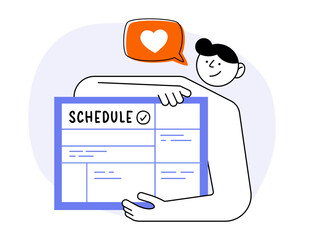 Man with glider in his hands. Making work plan for the week or month. Write down ideas and plans to remember them. Modern outline or line vector illustration.