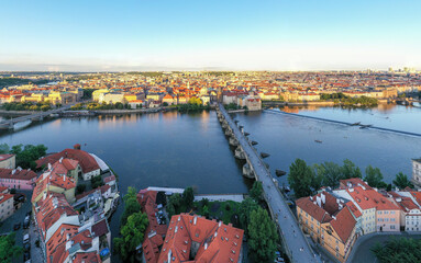 Sunset Prague Old Town in Czech Republic with Famous Sightseeing Places in Background. Charles...