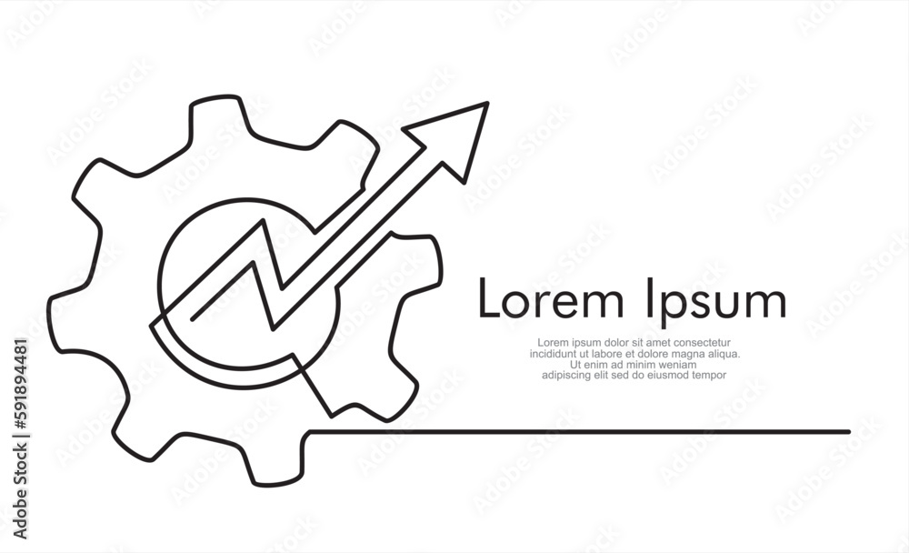 Poster continuous one line drawing of gear with arrow up inside. simple lineart style trend modern developm