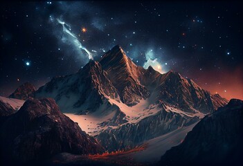 Creative concept illustration night time sky with falling stars on european mountain background styled as oil painting canvas. Generative AI
