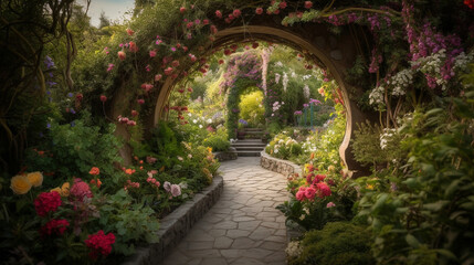 Obraz na płótnie Canvas beautiful secret fairytale garden with flower arches, created by a neural network, Generative AI technology