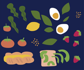Set of breakfast illustration with eggs, tomatoes, strawberries and avocado