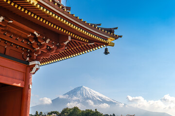 富士山と寺の大きな赤い門