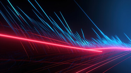 3d rendering. Abstract futuristic neon background. Red blue lines, glowing in the dark. Ultraviolet spectrum. Cyber space. Minimalist wallpaper. Generative AI