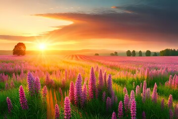 Landschaft mit Wildblumenwiese in der untergehenden Sonne