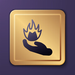 Purple Hand holding a fire icon isolated on purple background. Gold square button. Vector