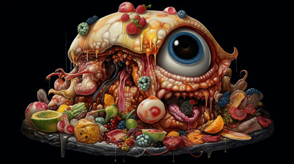 monster of food, the concept of gluttony and junk food,  created by a neural network, Generative AI technology