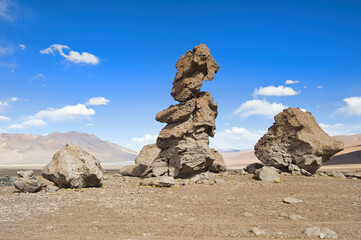 Fototapeta na wymiar Pacana Monks Stone pillars, Los Flamencos National reserve, Atacama desert, Antofagasto region, Chile