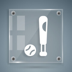 White Baseball bat with ball icon isolated on grey background. Square glass panels. Vector