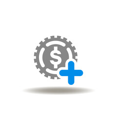 Vector illustration of coin dollar and plus sign. Icon of benefit. Symbol of profit. Sign of financial bonus and perk.